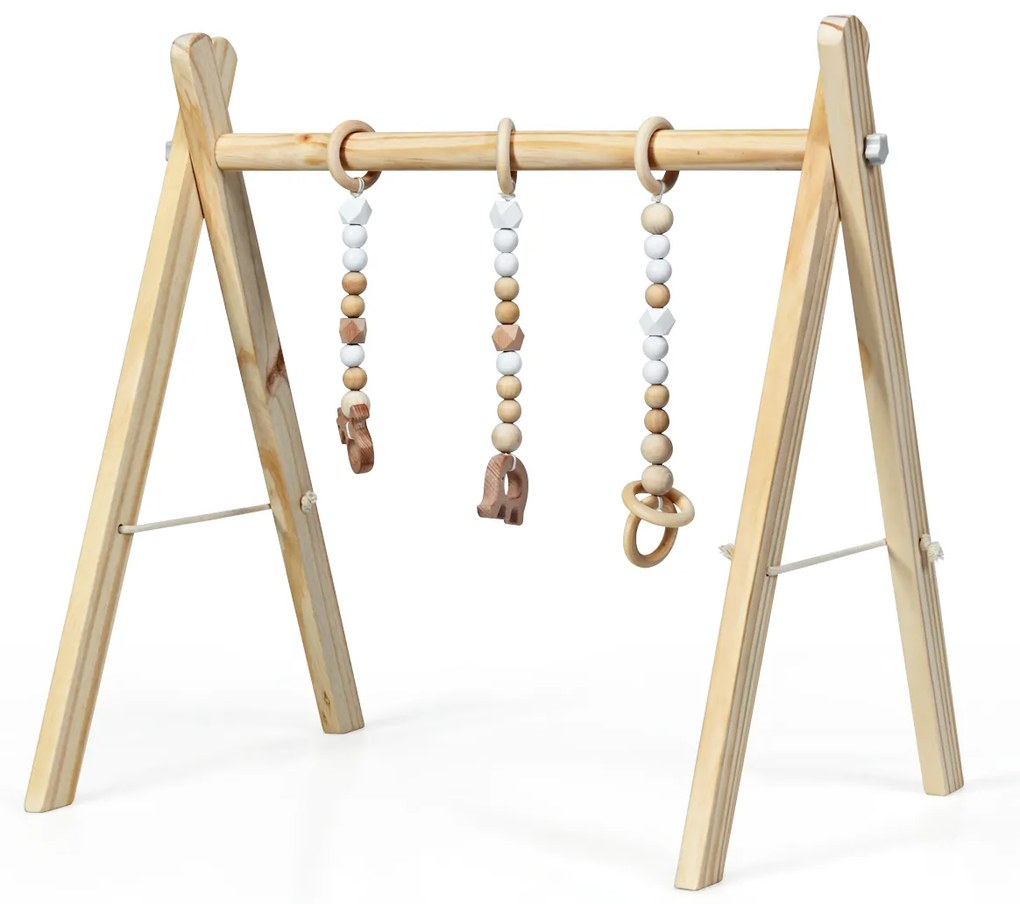 Ginásio para bebés com brinquedos para a dentição Desenvolvimento cerebral dobrável em madeira para crianças +3 meses 66 x 40 x 60 cm Natural