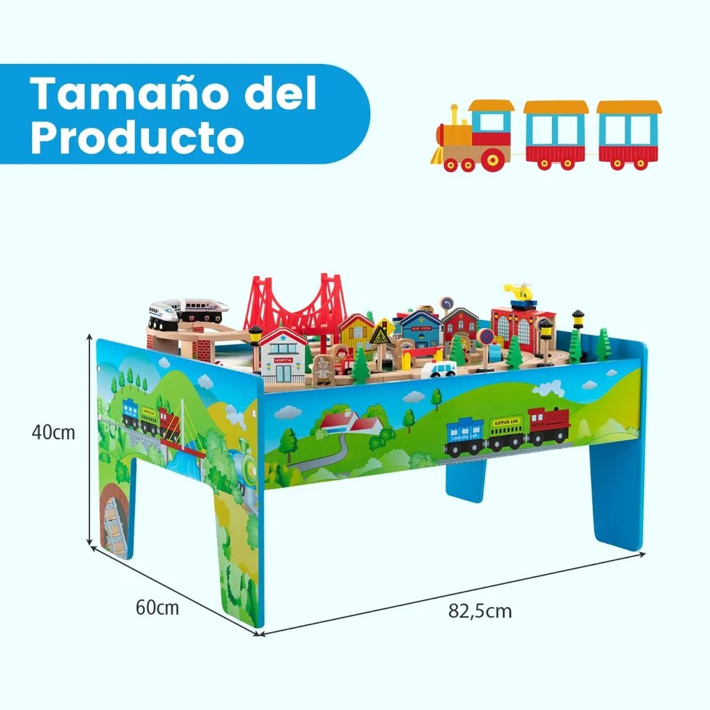 Mesa de jogos de comboio em madeira maciça, 80 peças, para crianças, trilhos comboio para meninos e meninas a partir de 3 anos, 82,5 x 60 x 40 cm, mul