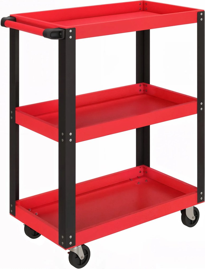 Carrinho de Ferramentas com 3 Prateleiras Rodas e Alças para Garagem Mecânica Casa Carga 120 kg Vermelho e Preto