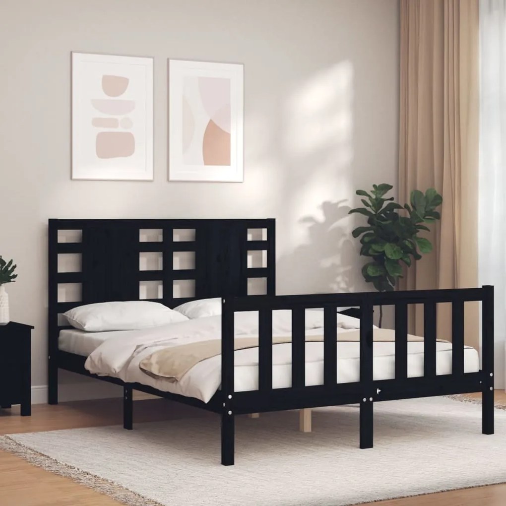 vidaXL Estrutura de cama de casal com cabeceira madeira maciça preto