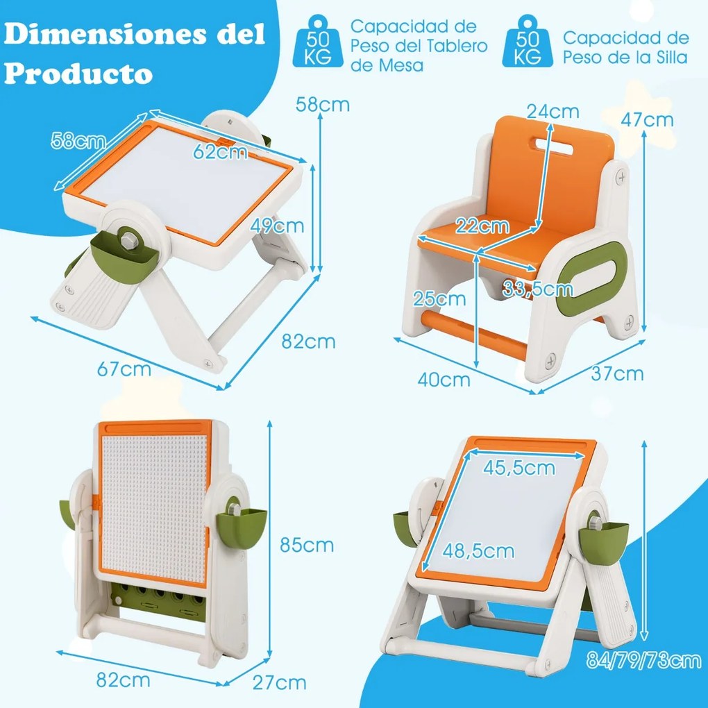 Conjunto de mesa e cadeira para crianças 6 em 1 Multi-atividade Cavalete dobrável para crianças com superfície reversível e ranhura laranja