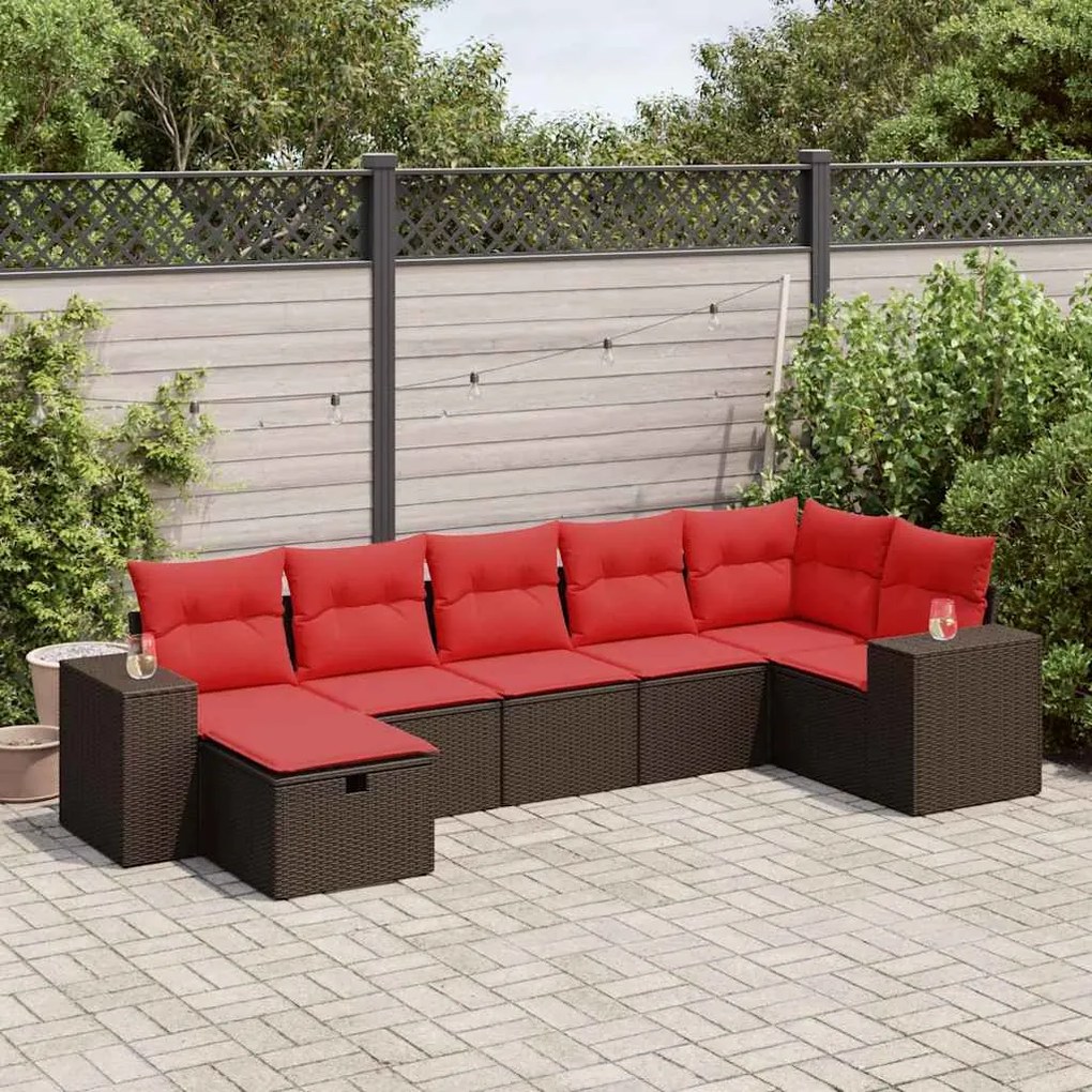 7 pcs conjunto de sofás jardim c/ almofadões vime PE castanho