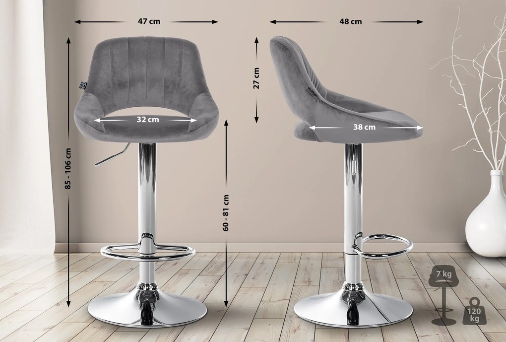Banco alto Milet em veludo com estrutura cromada 85-106 x 47 x 48 cm Cinzento