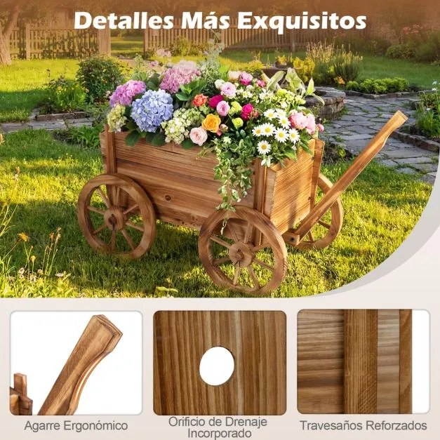 Floreira jardim em forma de carrinho de madeira 78 x 45 x 72 cm, suporte rústico para flores com rodas, alça e orifício de drenagem, ideal para vegeta