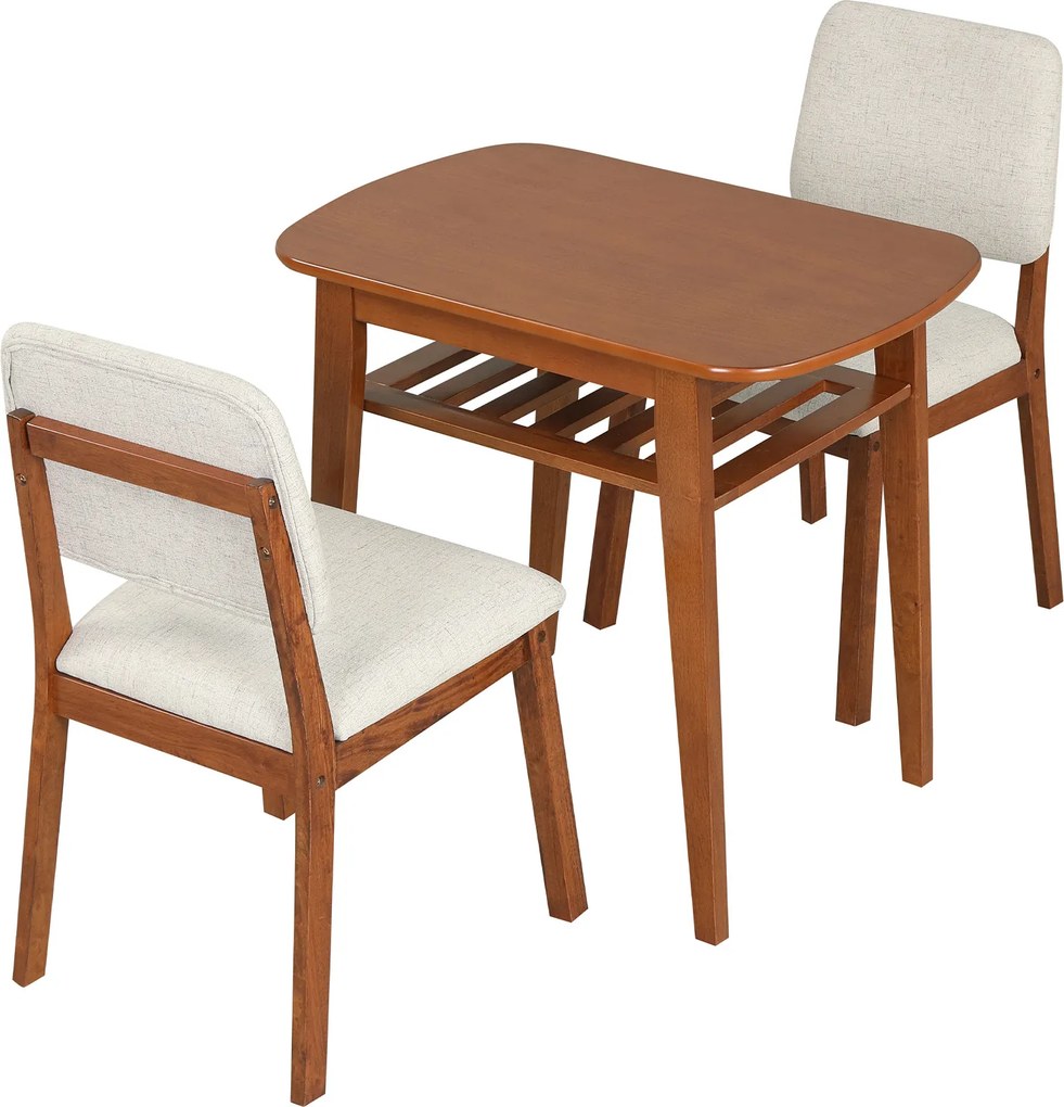Conjunto de 1 Mesa e 2 Cadeiras de Jantar, 80 x 53 x 74 cm, Prateleira de Ripas, Castanho