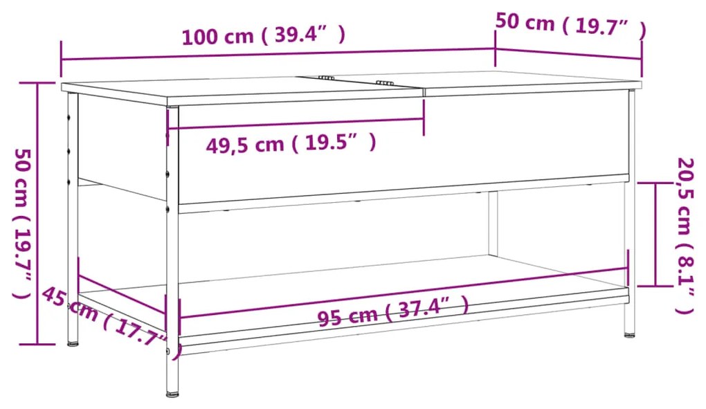 Mesa centro 100x50x50 cm deriv. madeira/metal carvalho castanho