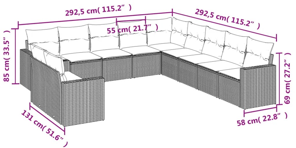 11 pcs conjunto sofás de jardim c/ almofadões vime PE castanho