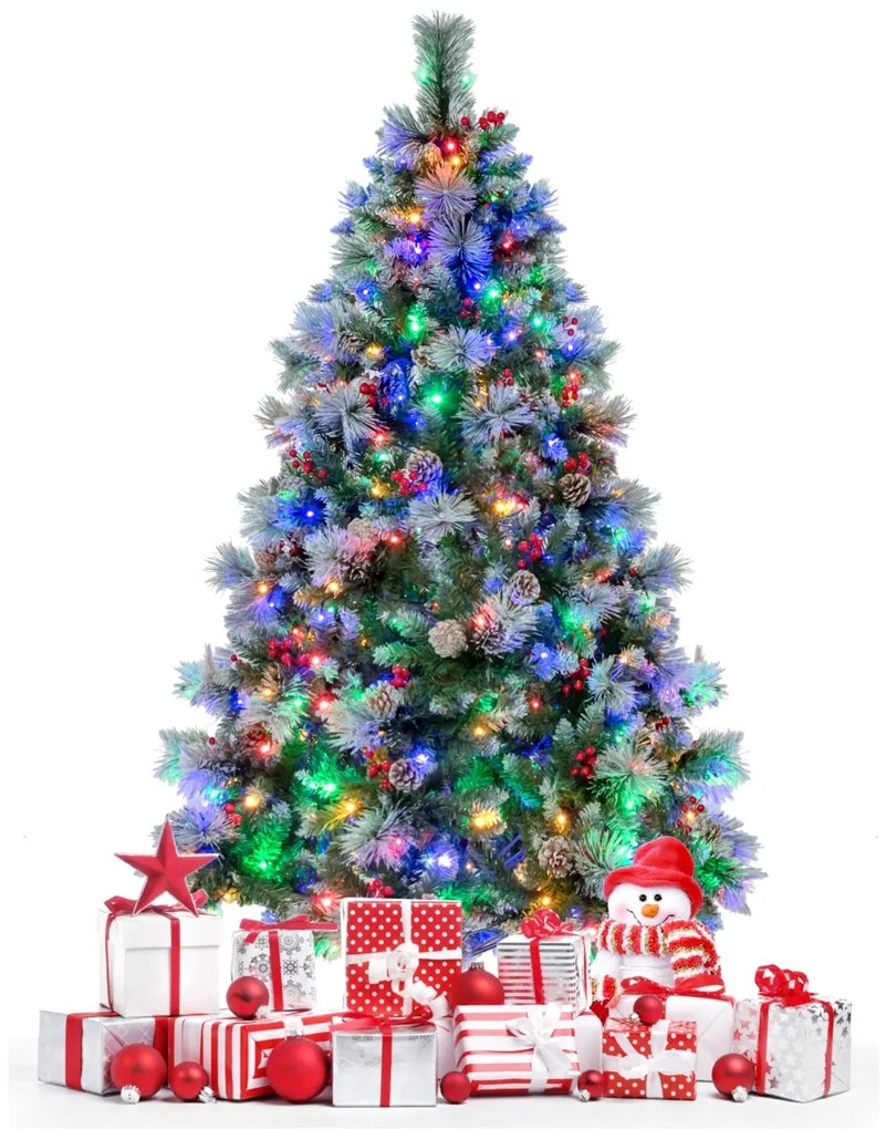Árvore de Natal pré-iluminada de 185 cm com 747 pontas de ramos, 350 luzes LED, 55 pinhas e 55 bagas vermelhas