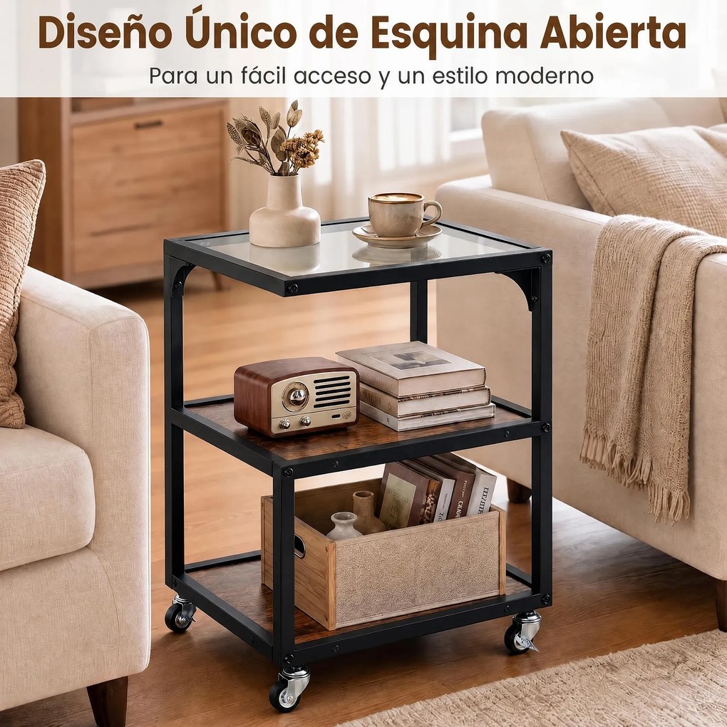 Mesa Auxiliar com Rodas, 40 x 40 x 55 cm, 3 Níveis, Castanho