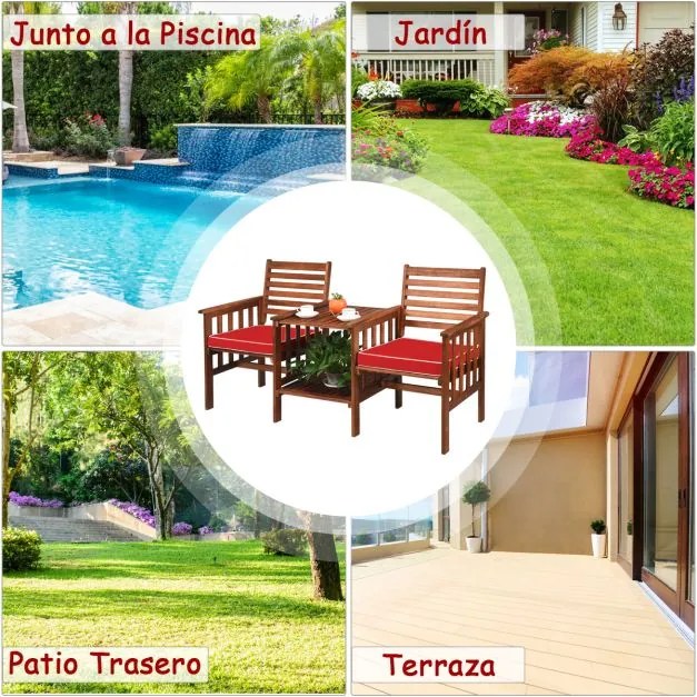 Conjunto de mesa e cadeira de 2 lugares em madeira de acácia para exterior com almofadas para pátio jardim castanho e vermelho