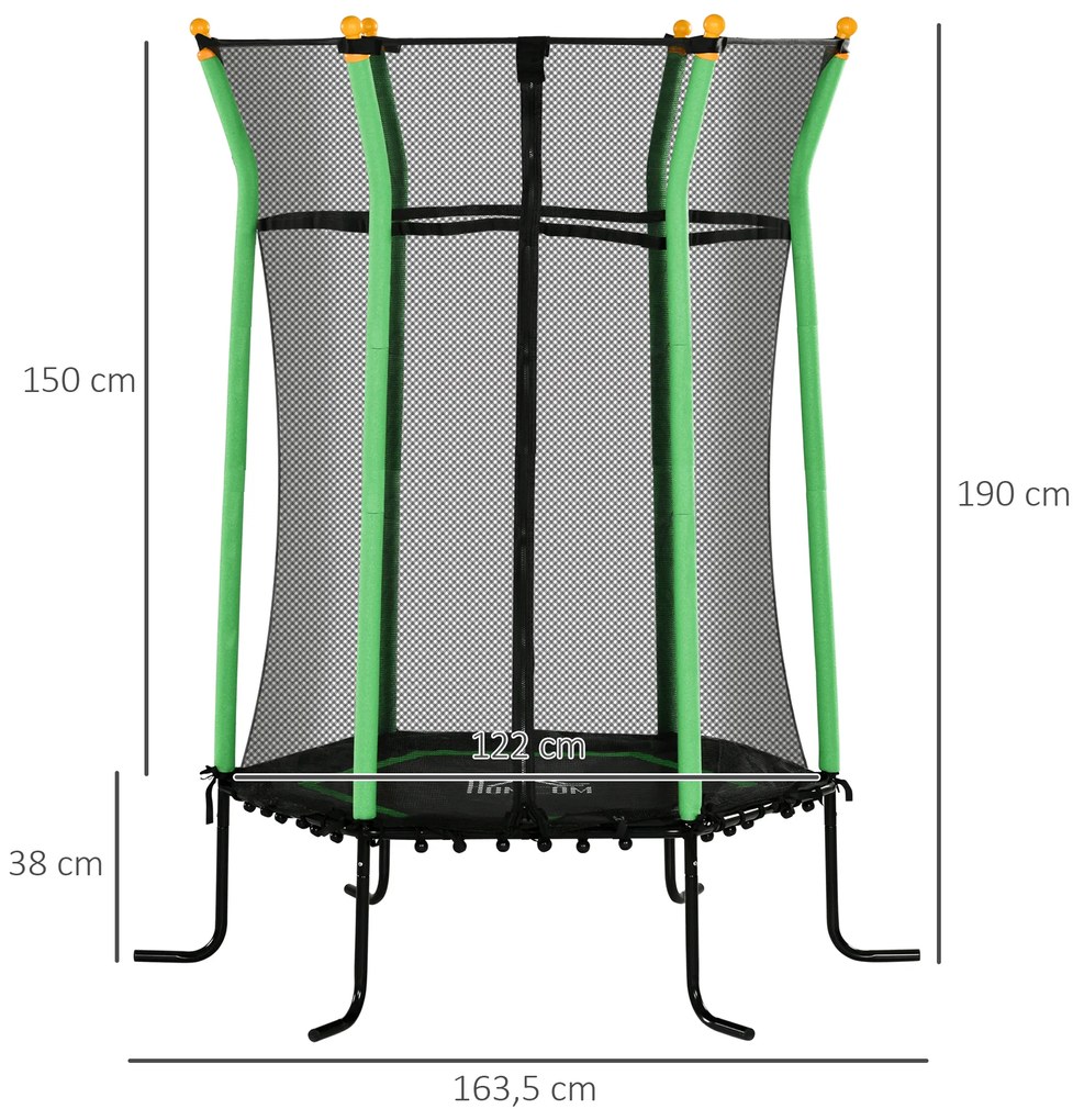 Trampolim para Crianças com Rede de Segurança e Estrutura de Aço para Interiores e Exteriores Carga 50kg Ø160x190 cm Verde