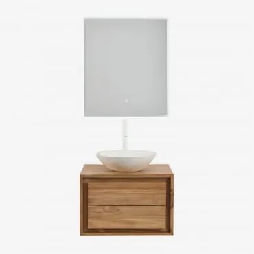 Conjunto De Móveis De Banheiro Em Madeira De Teca Jabari Madeira De Teca & Cimento Redondo Branco Ø40 Cm Zavion & Led Retangular - Sklum