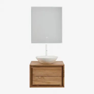 Conjunto De Móvel De Casa De Banho Suspenso Em Madeira De Teca Jabari Madeira De Teca & Cimento Redondo Branco Ø40 Cm Zavion & Led - Sklum