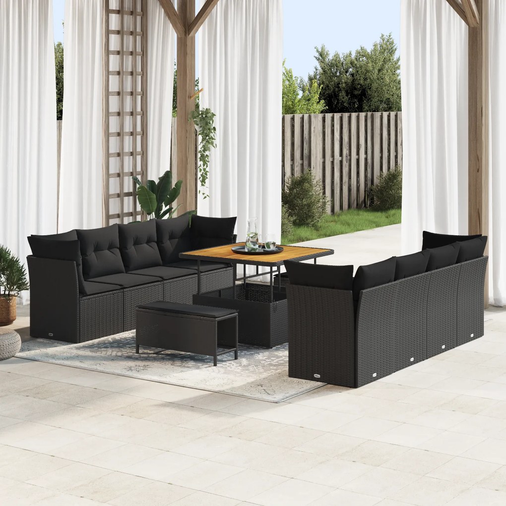 Conjunto de Sofá de Jardim vidaXL com Almofadas Pretas Rattan PE Acaci