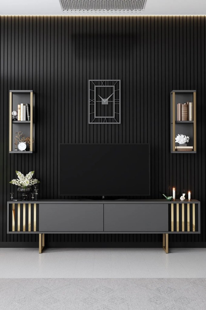 Móvel de TV "Gold" com 2 Prateleiras de Parede – Antracite e Dourado -