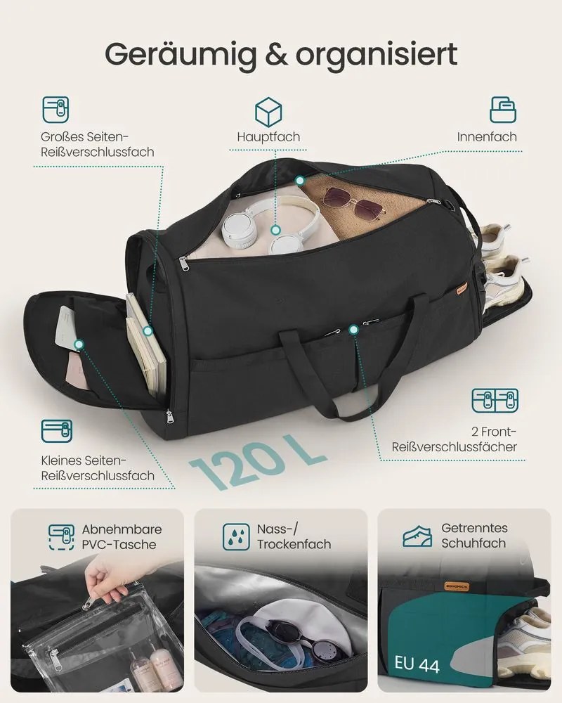 Saco de desporto dobrável muito grande 120 L, com compartimentos para sapatos e para roupa molhada Preto