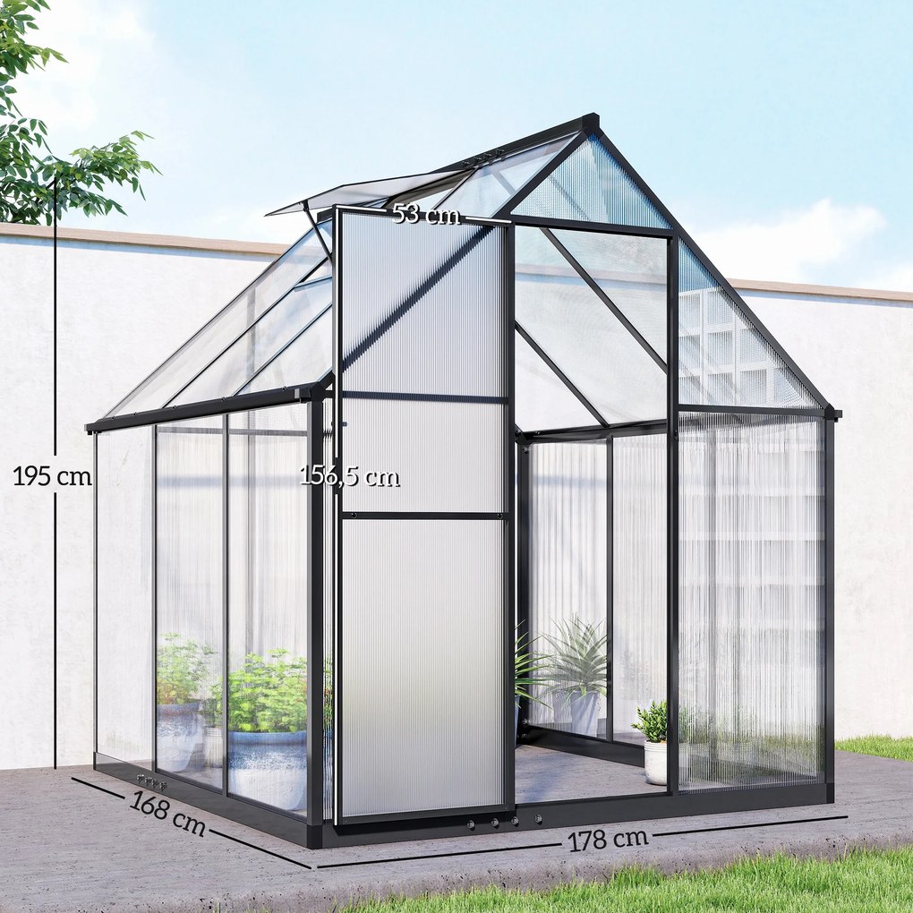 Estufa de jardim em alumínio e policarbonato, com janela ajustável e porta de batente resistente às intempéries e transparente