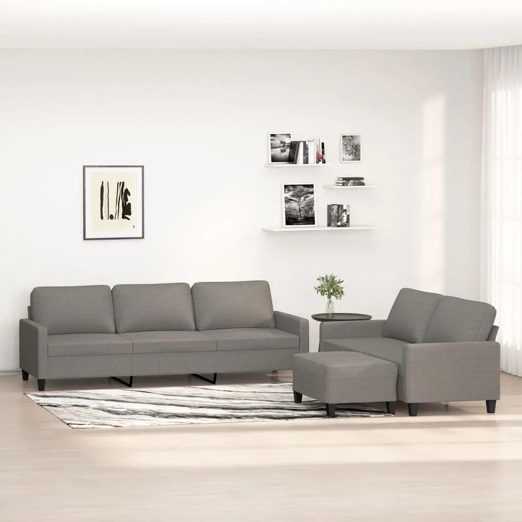 vidaXL 3 pcs conjunto de sofás com almofadões tecido cinzento-escuro