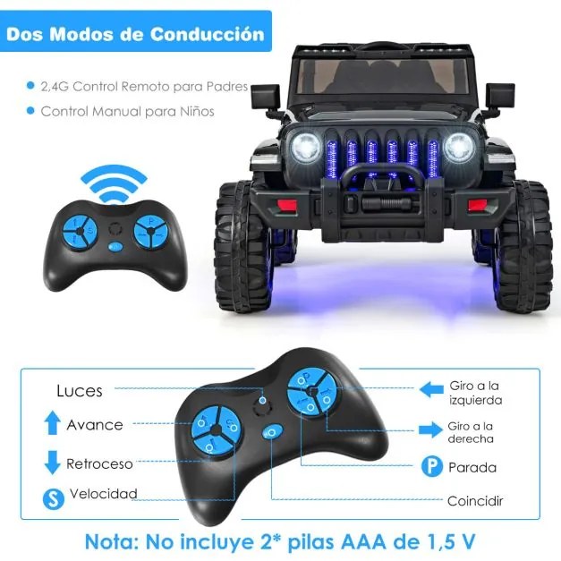 Carro Elétrico para Crianças 12V 2 Lugares Velocidade Ajustável Todo-o-Terreno com Controlo Remoto 2.4G Música Luzes USB Preto