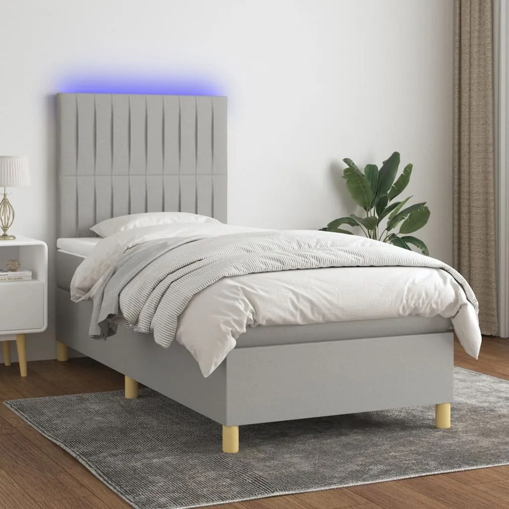 Cama box spring c/ colchão e LED 90x190 cm tecido cinza-claro