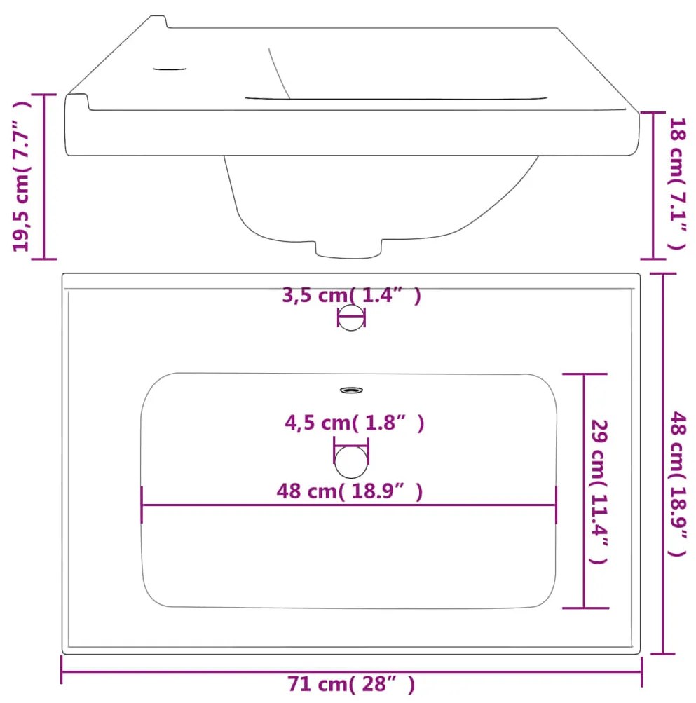 Lavatório casa de banho retangular 71x48x19,5cm cerâmica branco