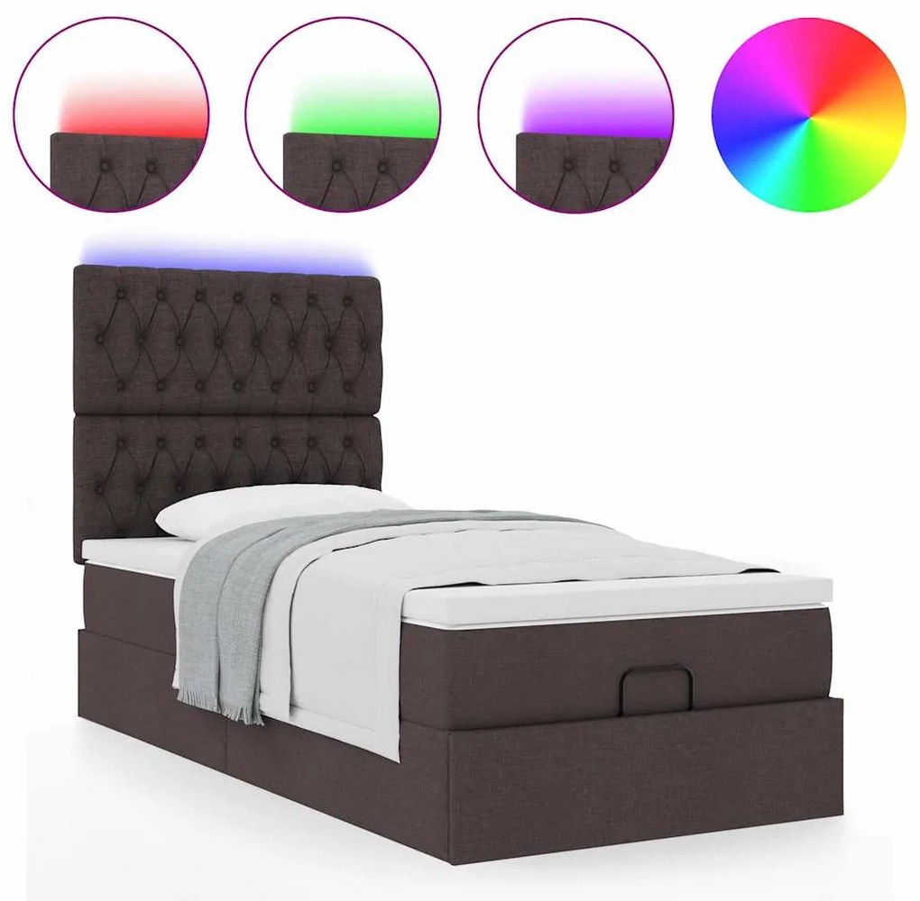 Cama otomana com colchão & LEDs 90x200cm tecido castanho escuro