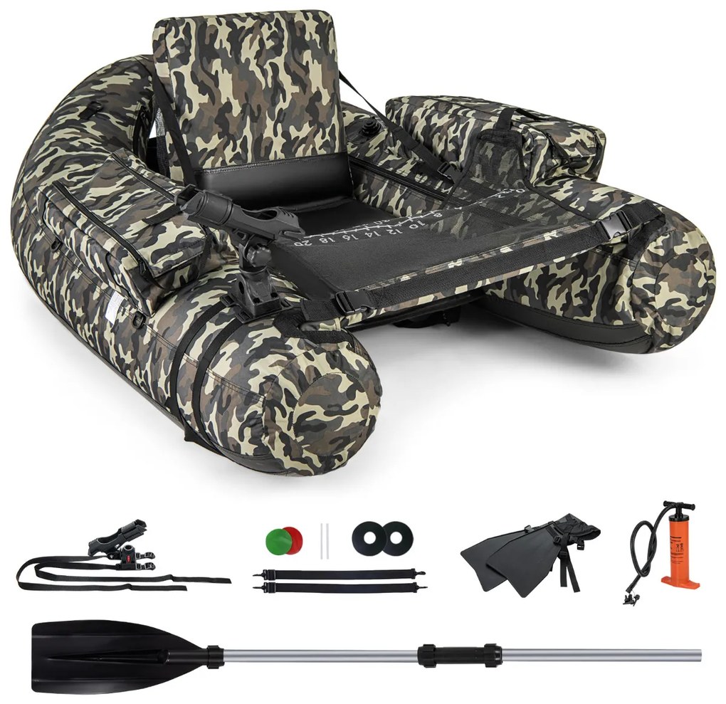 Barco de pesca Insuflável Suporte de cana Bolsos de vara Remo Bomba portátil Barco de pesca Carga 150 kg Camuflado