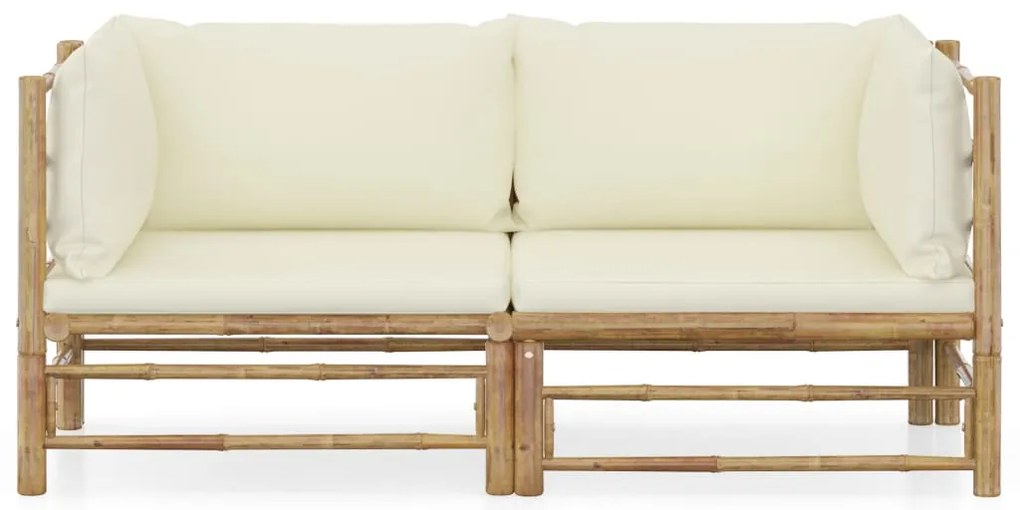 2 pcs conjunto lounge de jardim bambu c/ almofadões branco nata