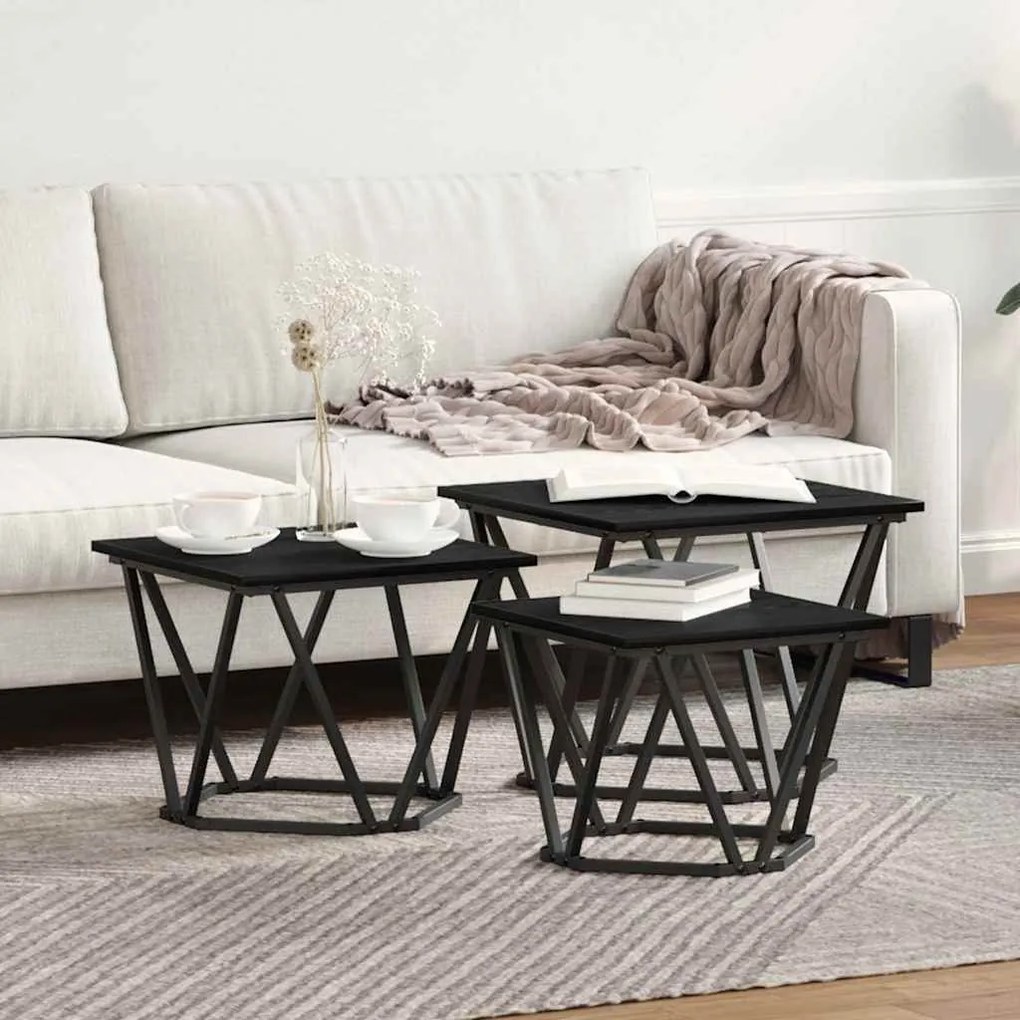 Mesas de Lado vidaXL 3 pcs Preto Carvalho de Madeira Engineered