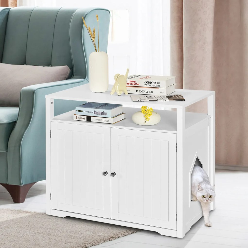 Caixa de Areia para Gato Moderna Casa de Animais Escondida com 2 Portas Mesa Decorativa para Casa Branca