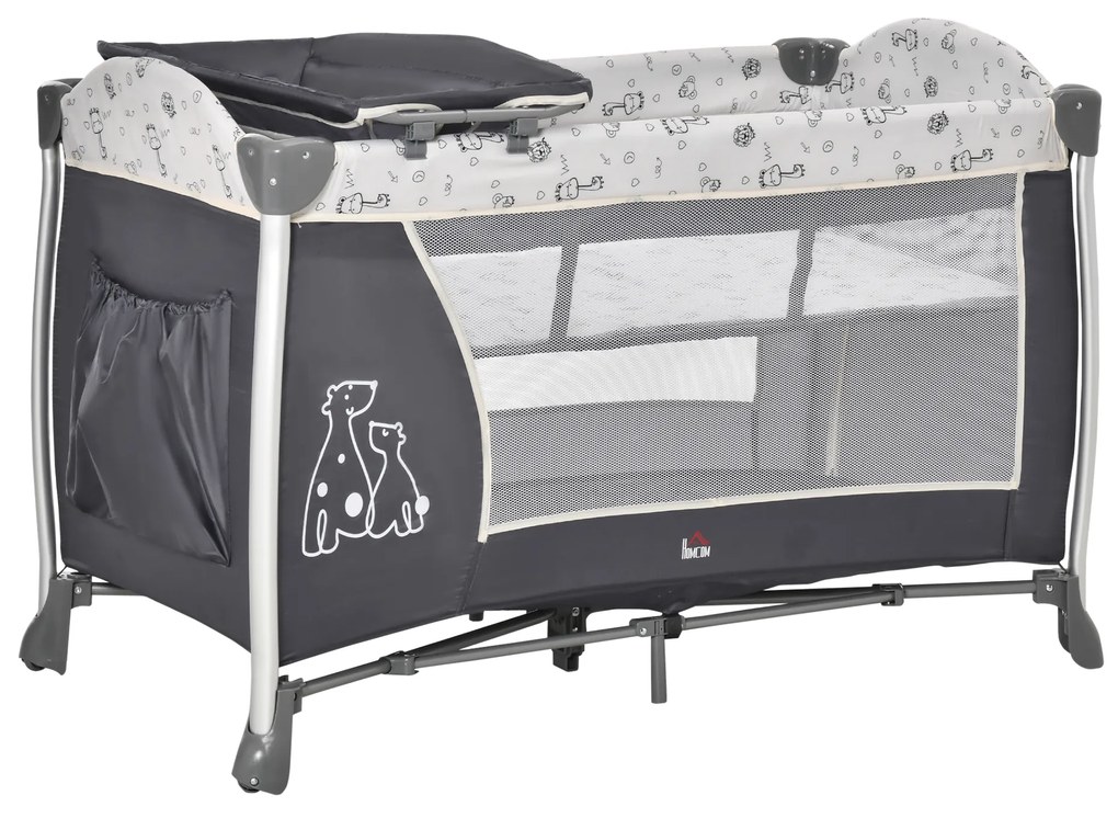 Berço de Viagem Dobrável para Bebés e Crianças até 15kg com 2 Rodas e Bolso Lateral Berço Portátil 124x66x77,5cm Cinza