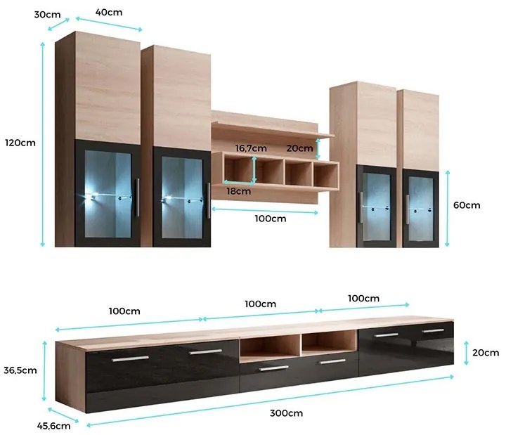 Conjunto de Móveis de Sala Dornelas – 3 m – Preto com LED e Vitrinas e