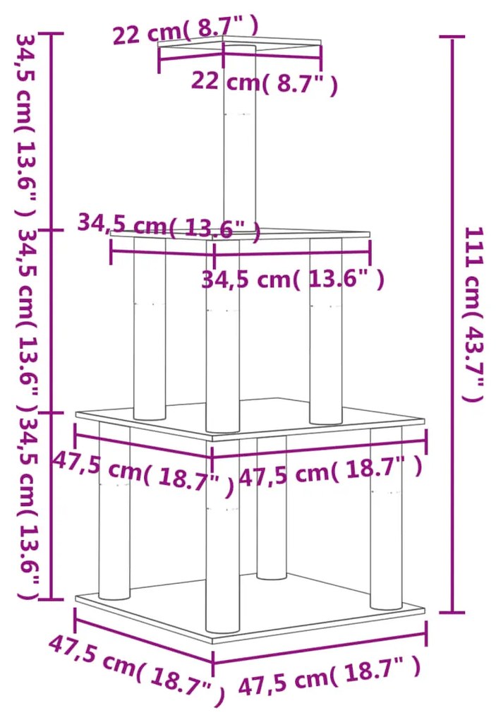 Árvore p/ gatos c/ postes arranhadores sisal 111 cm cinza-claro