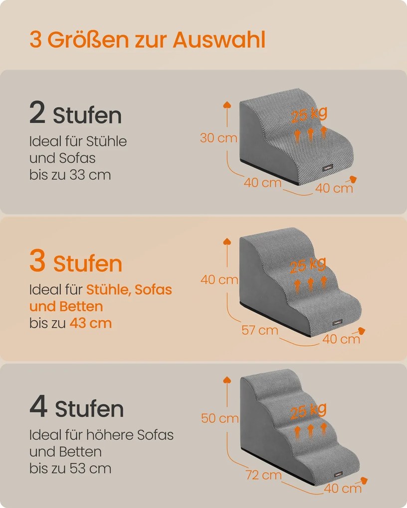 Escada para cães 57 x 40 x 40 cm com revestimento antiderrapante e 3 degraus cinza 