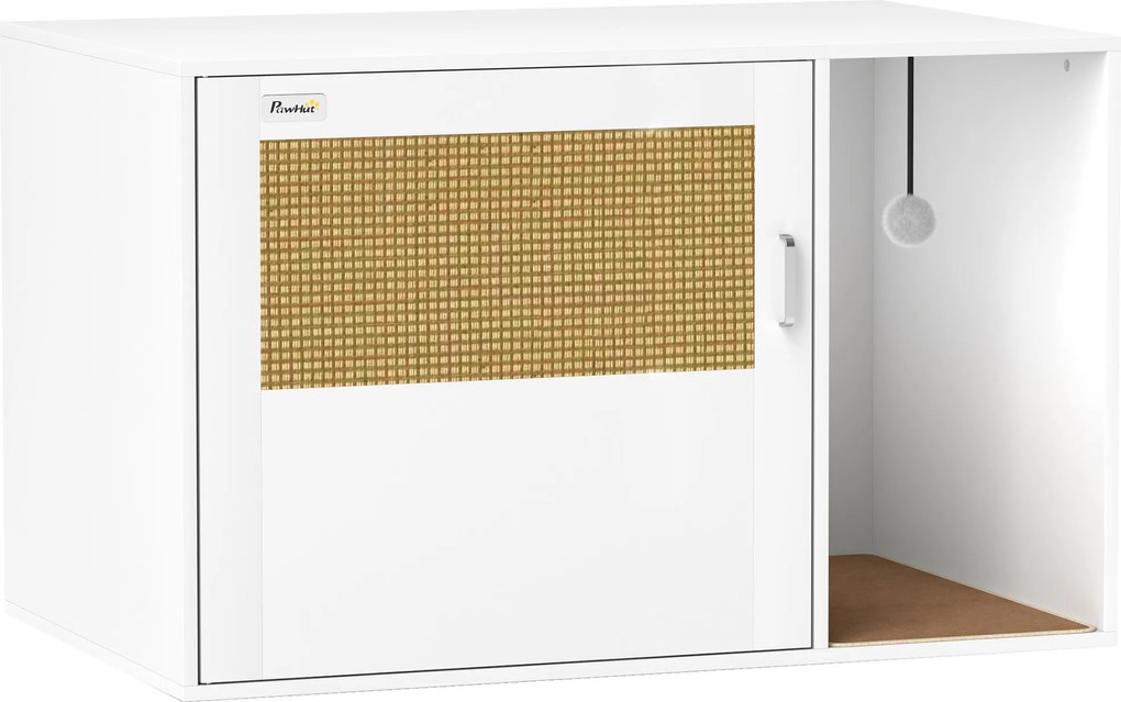 Móvel Caixa de Areia para Gatos Caixa de Areia para Gatos com Tapete de Arranhar e Porta de Vime 80x50x50 cm Branco