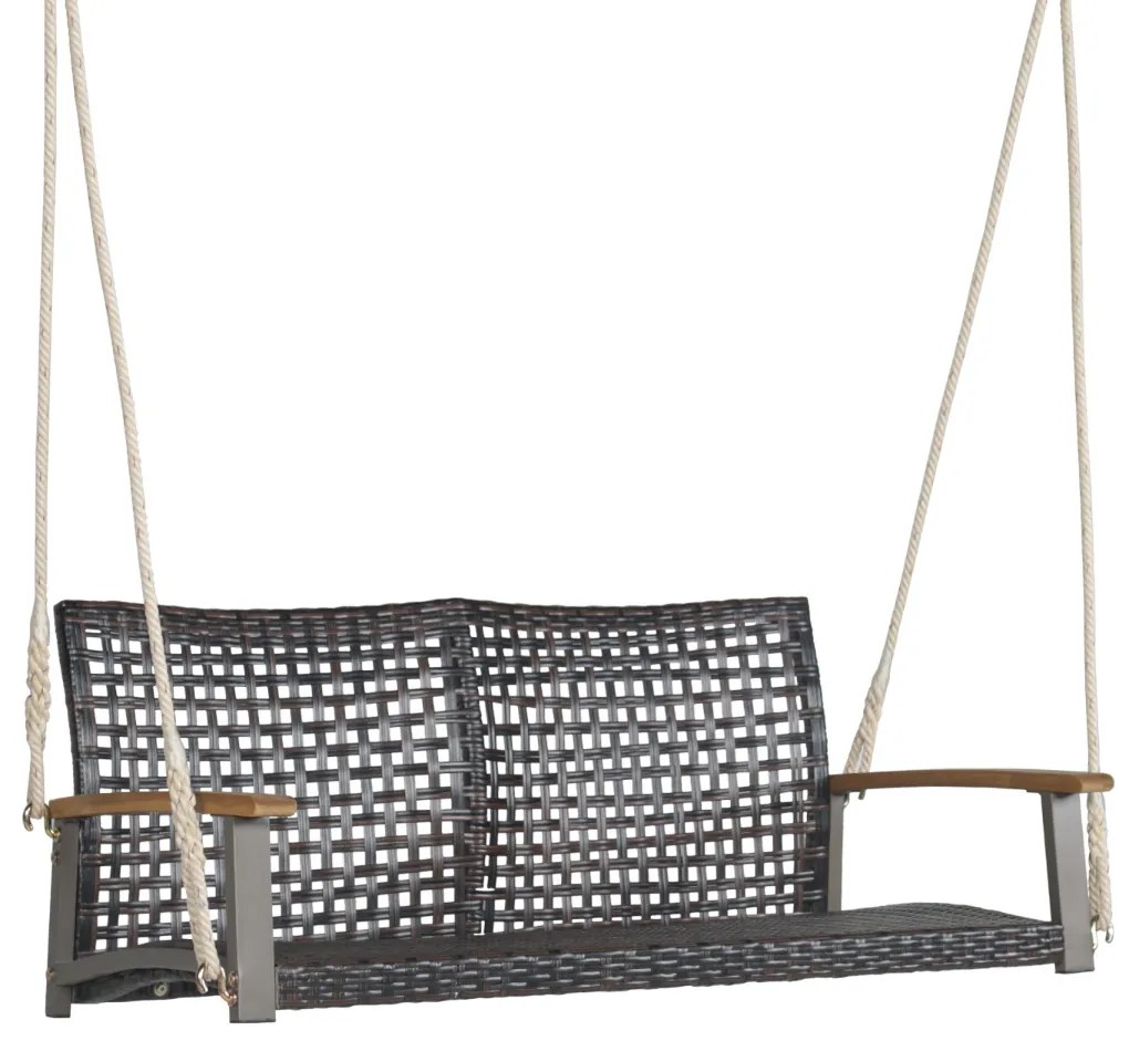 Banco de Baloiço Exterior com 2 Lugares PE Rattan Swing para Varanda Pátio Jardim Terraço 131 x 68 x 54 cm Castanhotico Veranda Patio Jardín Balcón 13