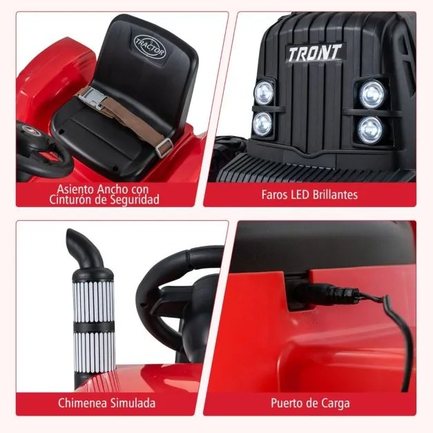 Trator elétrico de 24 V para crianças com reboque removível Controlo remoto Música Porta USB Luzes LED vermelho