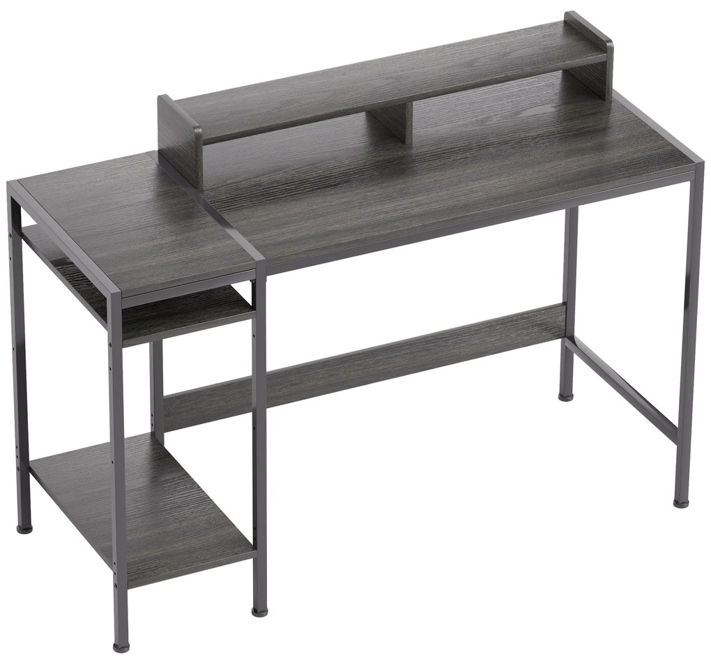 HOMCOM Secretária com Prateleiras Laterais Suporte para Monitor Ajustável e Estrutura Móvel 120x48x85,5 cm Madeira Acinzentada