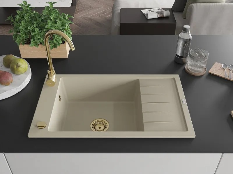 Mexen Elias lava-louça em granito com 1 bacia e escorredor 795 x 480 mm, bege, sifão dourado - 6511791005-69-G