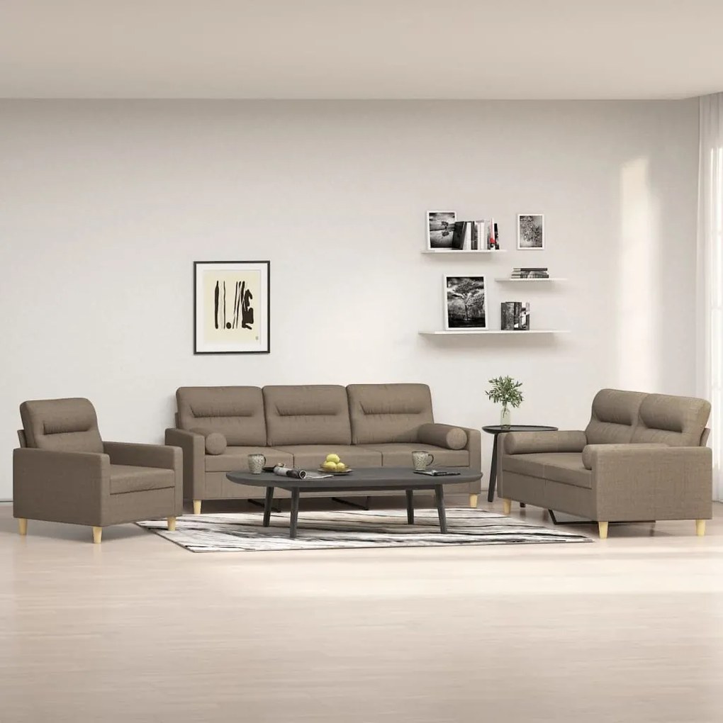 vidaXL 3 pcs conjunto de sofás c/ almofadões tecido cinza-acastanhado