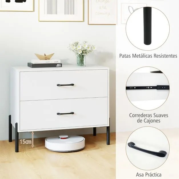 Mesa de cabeceira larga 71 x 40 x 61 cm moderna em madeira com pés e puxadores em metal com arrumação Branca