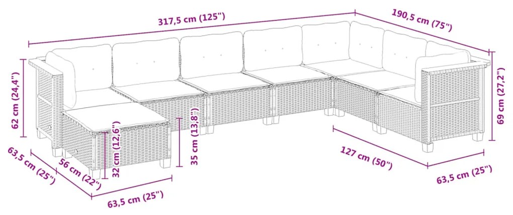 8 pcs conjunto sofás de jardim com almofadões vime PE preto