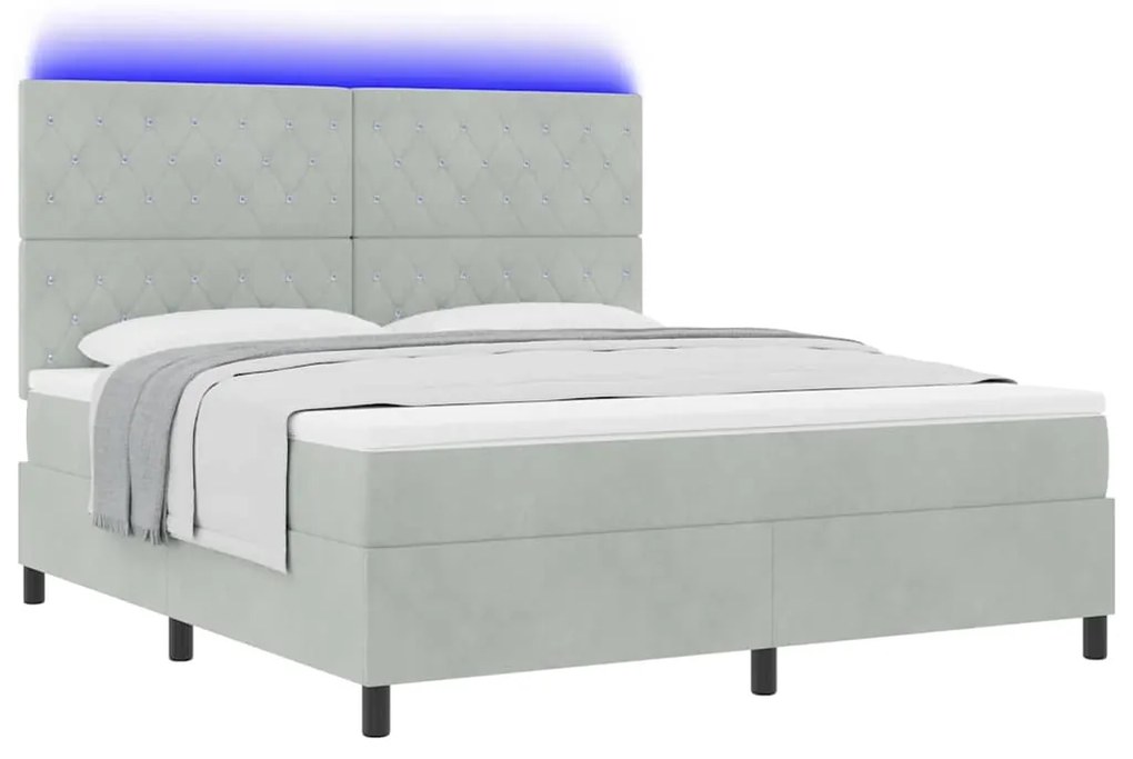 Cama Box com Colchão &amp; Luz LED Cinza Claro 180x200 cm Veludo