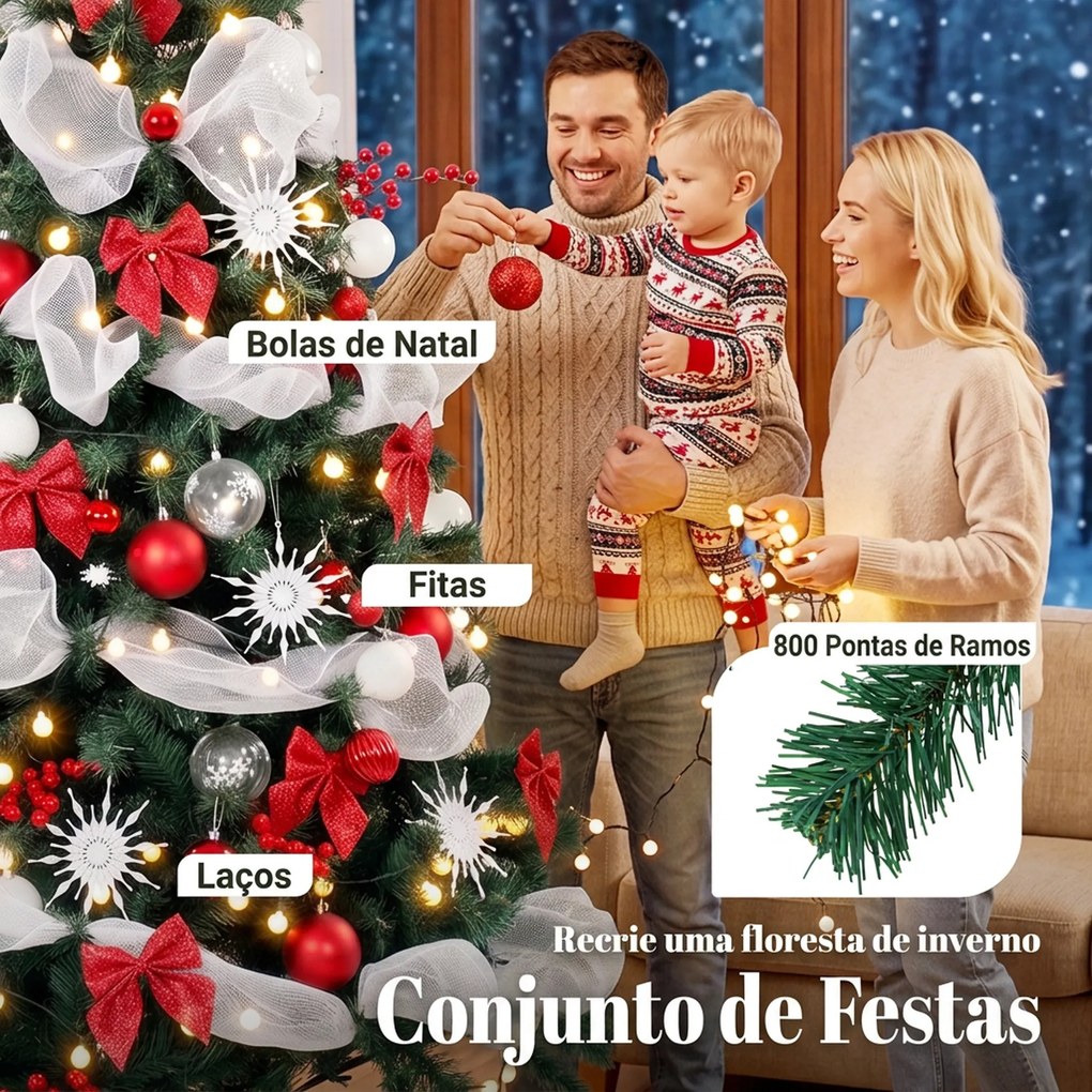 Árvore de Natal Artificial 180 cm com Luzes, 800 Pontas, 200 LED, Controlo Remoto e 8 Modos