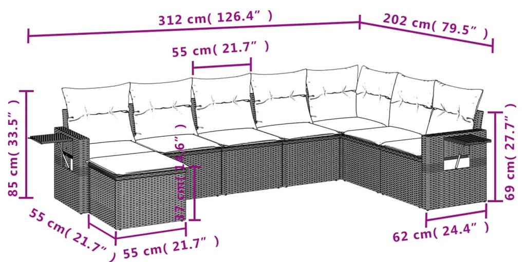 8 pcs conjunto sofás de jardim c/ almofadões vime PE castanho