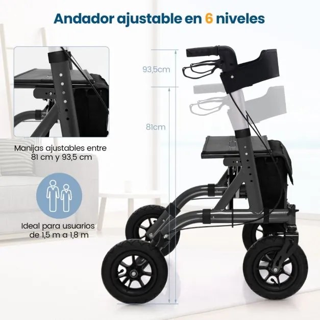 Andarilho dobrável para adultos idosos com assento 24 cm Rodas pneumáticas todo-o-terreno Saco de arrumação Carga 160 kg Preto