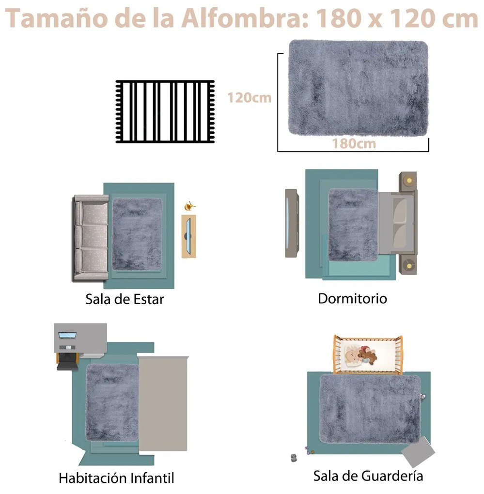 Tapete Sintético Ultra Macia Anti-derrapante para Quarto de dormir 180 x 120 cm Cinzento Claro