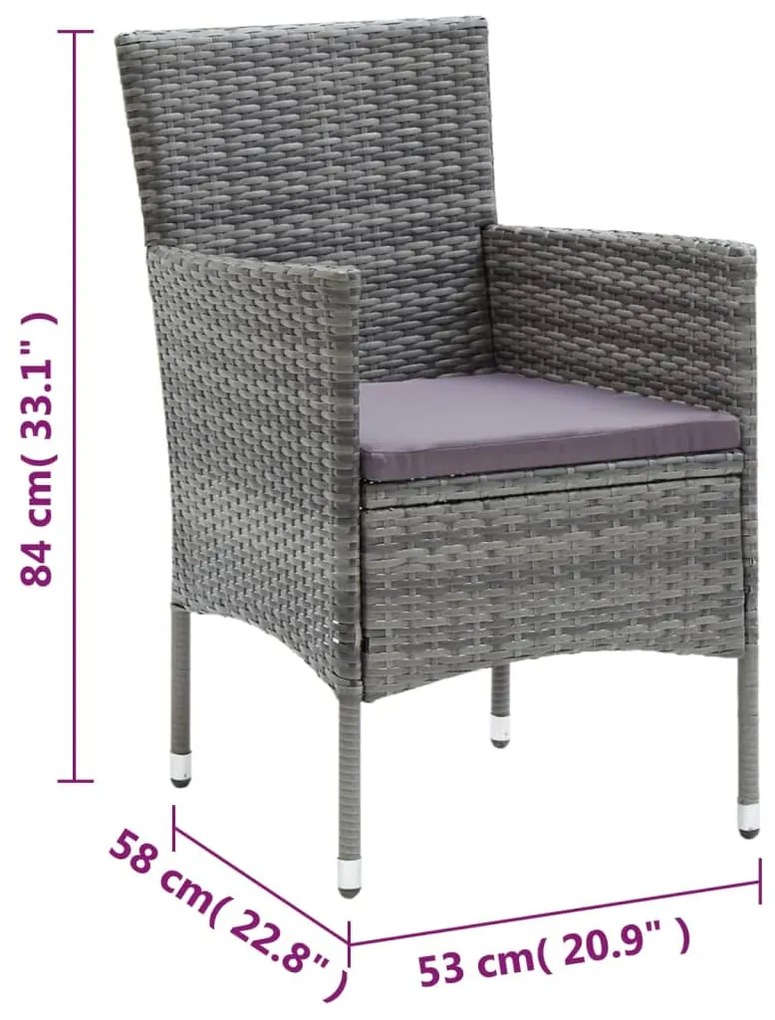 3 pcs conjunto de jantar p/ jardim c/ almofadões vime PE cinza