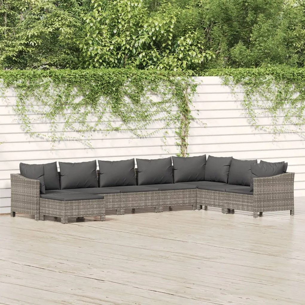 8 pcs conjunto lounge de jardim c/ almofadões vime PE cinzento