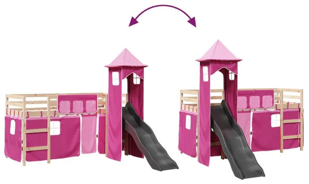 Cama alta para criança com torre 90x190 cm pinho maciço rosa